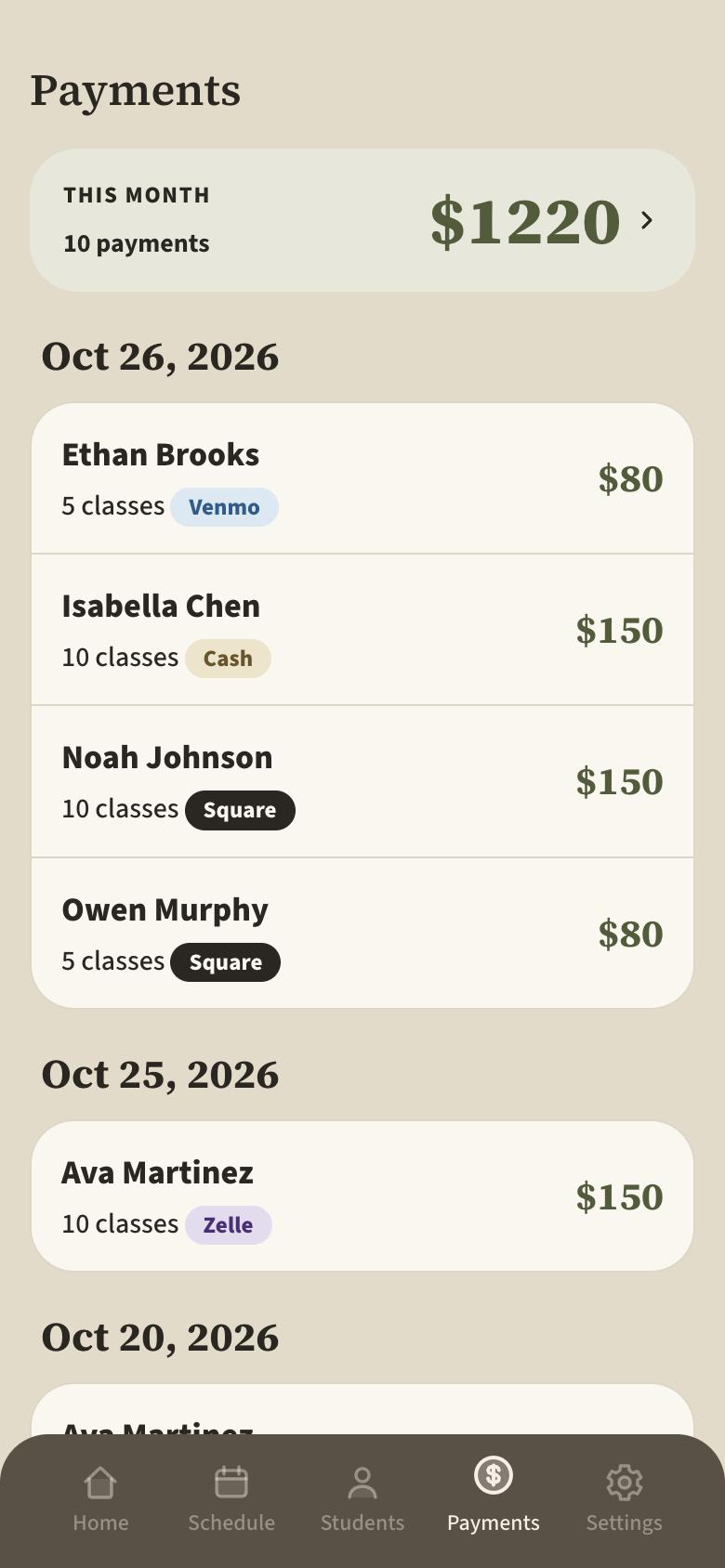 Ulumi payments list with Square, Zelle, Venmo and cash payments
